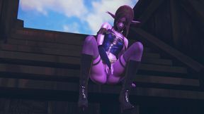 Purple elf masturbates her pussy on the deck of a ship