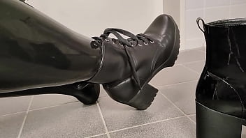 Changing the chunky platform high heel boots while wearing shiny latex - ASMR