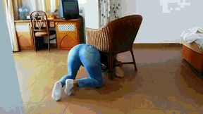 Get stuck under the chair in jeans AVI
