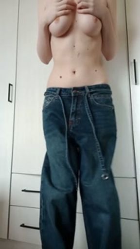 Belly Button Worship in Jeans with Bare Tits