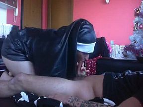 It takes a naughty nun to show off her tits and suck a long hard dick like this