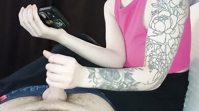 Stepdaughter gives verified amateur handjob cumshot while watching movie with stepdad