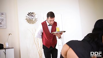 Busty, amateur brunette, Ania Kinski was masturbating when her butler came in and got to fuck her