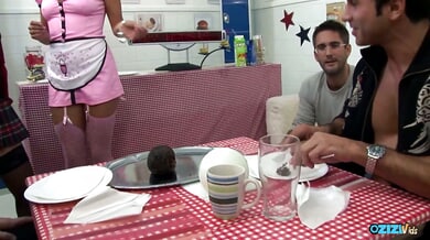 Tattooed nurse and woman in plaid join men for rough group sex in stockings