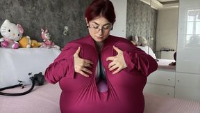 Sabina’s Burgundy Zentai - Body Inflation & Stuffing Tease (Belly + Boobs)