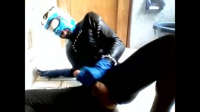 Blue Hornet in Spandex Catsuit Cums on Blue Latex Gloes and Mask