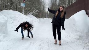 Zanotti on ice, heelless on ice, sliding high heels, girls on ice, girls on high heels on ice