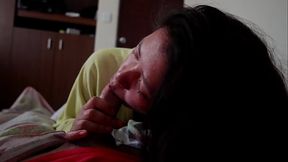 18 year old long haired slutty Latina sucks her stepdad'_s cock, she doesn'_t stop until she feels the cum in her mouth