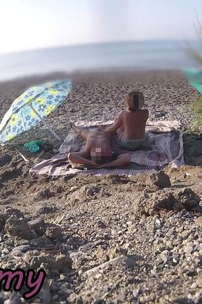 Exhibitionist Wife Outdoor Amateur MILF Blowjob &amp; Handjob Big Cock on Nudity Beach in Front of Follower with Cum