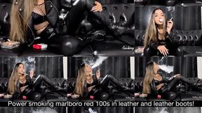 Power smoking malboro red 100s in leather jacket, fishinet top, leather pants and leather high heeled boots!