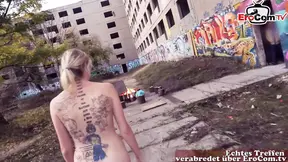 German blonde with small tits and tattoos gets fucked outside on a date