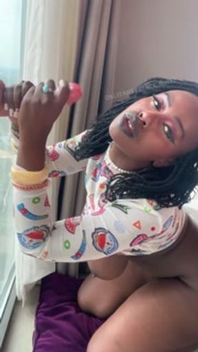 I sucked my big dildo and fucked it hard against the window creamy pussy   so sweet 😜