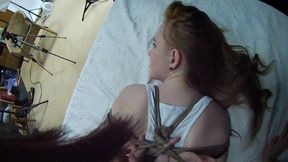 Barefoot Amy in white tank-top and jeans shorts, hogtied with hemp rope, is tickled and teased by Blackshark - view from her eyes (HD MOV)