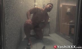 Hunky hairy Japanese lad Rio douches his hole in a glass shower with a massive dildo