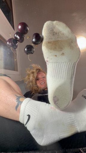 Rotten Cherry Vs White Nike Sock Sole Crushing Feet Blonde Under Glass Table POV