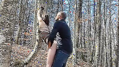 How to exhibit slutty Italian wife tied up first time BDSM tied up in public Lake fucked in the wood