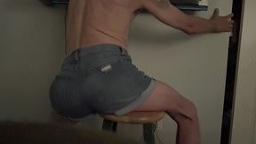 grinding pelvis ass bulge and hips on stool wearing wife s denim shorts -jun 2025