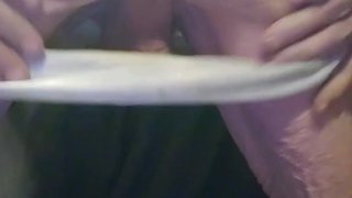 Skinny adult male peeing in panties and cup, inserting weiner and riding rubber cock