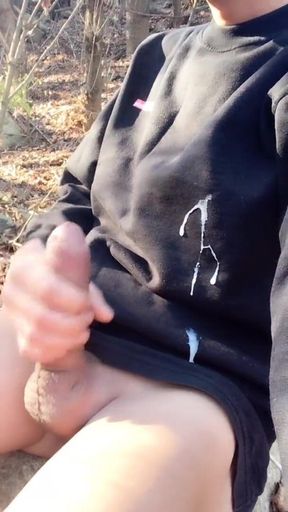 Huge Cumshot on Black Shirt in the Park