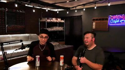 Two amateur fellows are having some fun on a live podcast