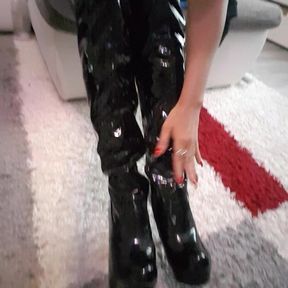 I'm Wearing Leggings and Long Patent Leather Boots! I Bend Over and Do Doggy Pose!