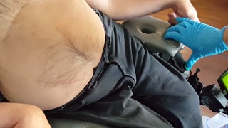 Nurse puts cripple dick in urinal to pee