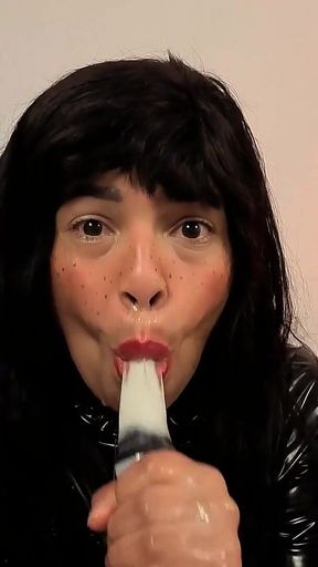 Latex Fetish Condom in My Horny Mouth, I Swallow a Toy with a Condom and Explode Semen