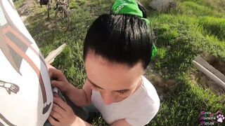 Quick outdoors oral sex and cum drink behind the garages