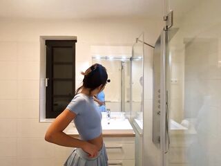 Braless large bazookas Oriental cosplayer in her hot flirty short mini petticoat flashes her pants in advance of taking 'em off