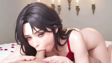 AI Generated - Hot Black Hair Babe POV Messy BJ Big Natural Tits Red Bra Panties