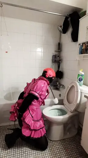 Sissy Maid Cleaning Toilet With New Brush