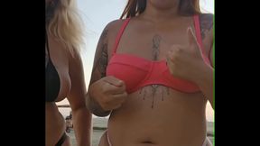 Exhibitionist MILF and daughter want a man to fuck them on the beach