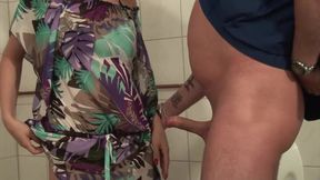 Tattooed red hair girl pussy fucking in the toilet