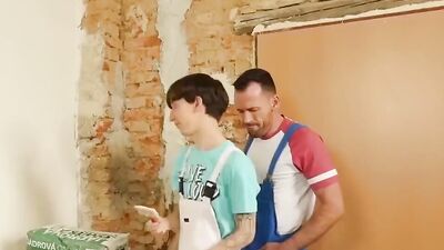 Tiny twink bent over by his hunky coworker and fucked rough