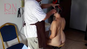 Camera In Nude Barbershop. Hairdresser Makes Undress Lady Ho Cut Her Hair. Barber Nudism. Cam 1