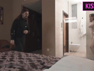 Birthday Gift for Cuck Spouse: Sexy Wifey Bangs Handyman in Hotel in Front Hubby Holds Hand and Hair