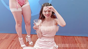 Young bruntte Ohana Petite drinks cum during Bukkake session