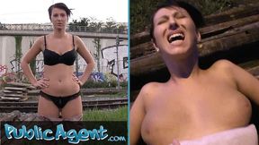 Short-haired top-heavy teen rides big cock in public