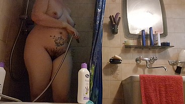 Beautiful Italian milf natural hairy pussy in the shower