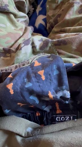 Army Soldier in Uniform Jerks off and Shoots Thick Cum on His Sarge's Boxer Shorts!