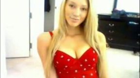 Luscious blonde babe in sexy red dress teasing me on webcam