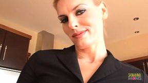 Blond bombshell with a perfect big ass gets interracial fucked in the kitchen and swallows cum
