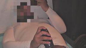 Playing with my cock with leather leggings and white tight shirt