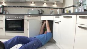 Busty German housewife rides dick in the kitchen