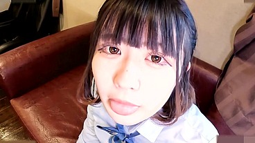 19-year-old Japanese brunette beauty. Big tits amateur blowjob and huge cock creampie sex in shaved pussy. Uncensored, Asian, hentai, uniform cosplay
