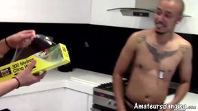 Horny jock loves interracial face fuck while making dinner