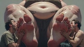 SSBBW Mistress Foot Worship - Two Slaves Cleaning Her Massive Feet
