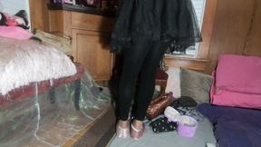 Cute T-girl in frilly dress and black tights showing off her toenail polish