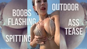 Big Tits Flashing and Spitting, Ass Tease in Public Outdoor