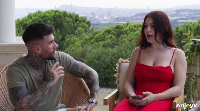 Busty Redhead Babe in Sexy Lingerie and Stockings Sucks Two Guys After a Short Conversation..